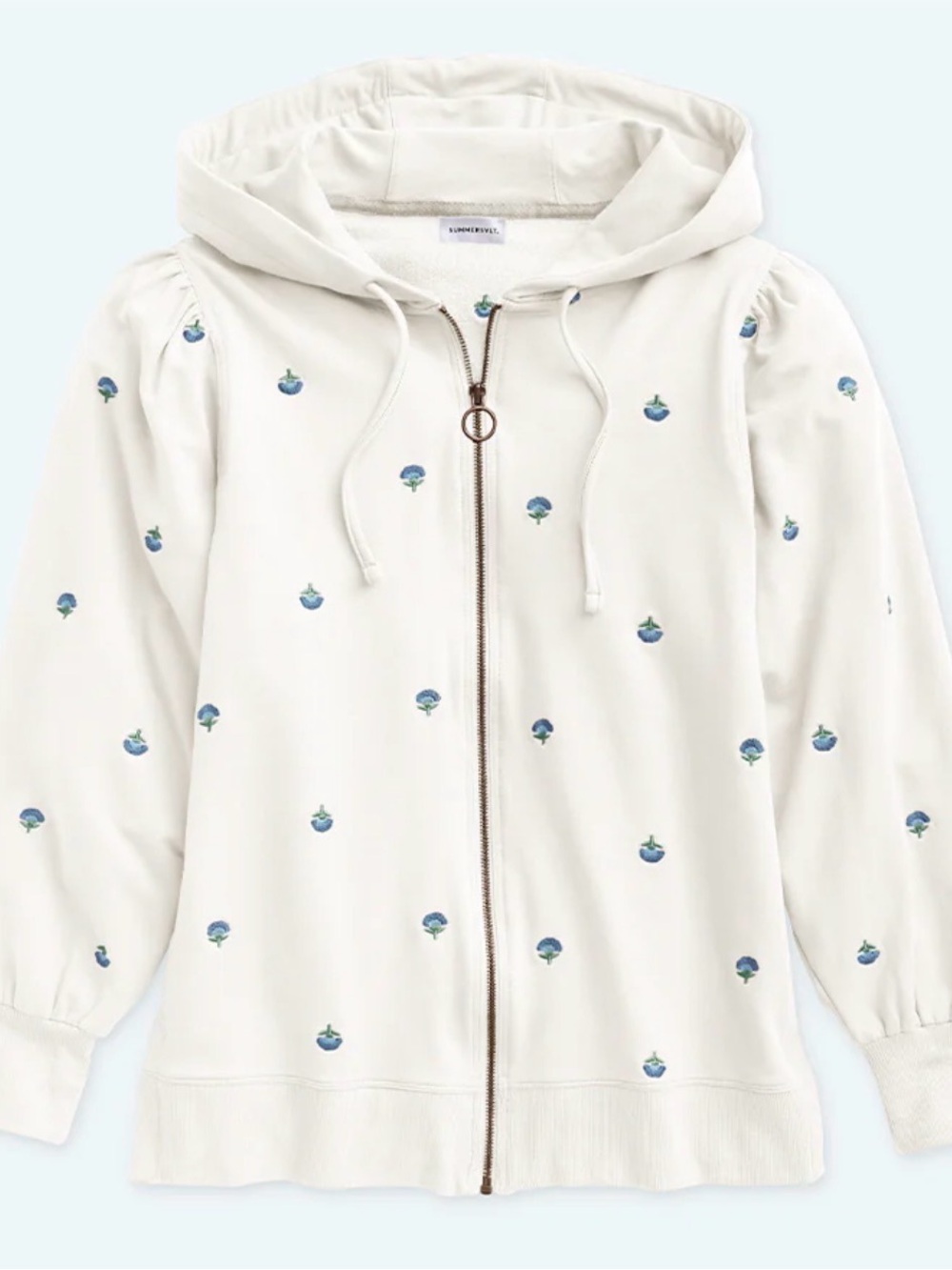 White Summersalt French Terry Puff-Sleeve Hoodie with Blue Embroidered Floral